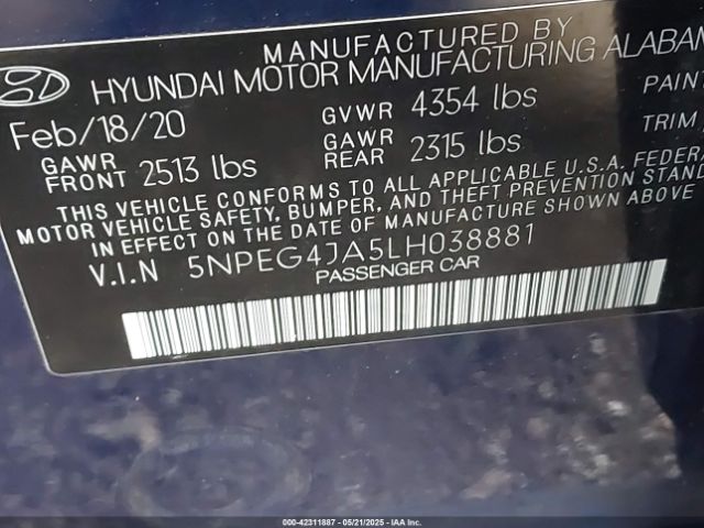 5NPEG4JA5LH038881 Hyundai SONATA SE