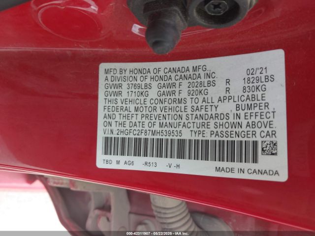 2HGFC2F87MH539535 Honda Civic Sport