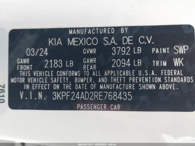 3KPF24AD2RE768435 KIA Forte Lxs
