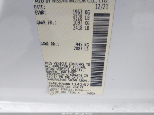 1N4BL4CVXNN314267 Nissan Altima Sr Fwd