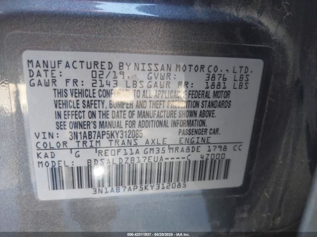 3N1AB7AP5KY312085 Nissan SENTRA SV
