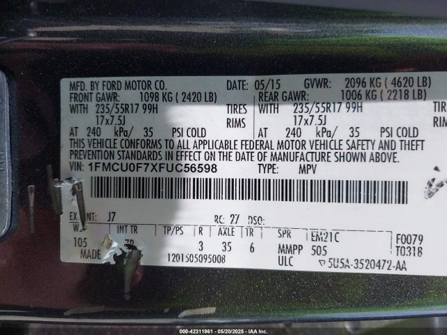 1FMCU0F7XFUC56598 Ford ESCAPE S