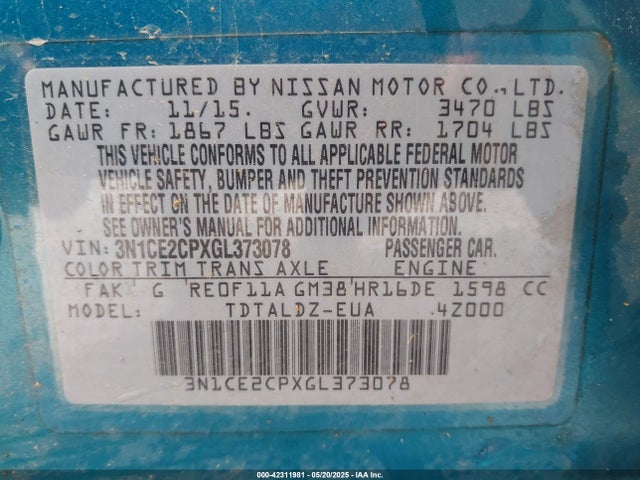 3N1CE2CPXGL373078 Nissan Versa Note Sv