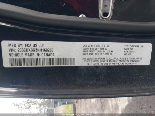 2C3CDXBG3NH169280 Dodge Charger Sxt Rwd