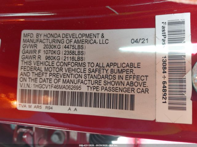 1HGCV1F46MA062695 Honda Accord Sport Special Edition