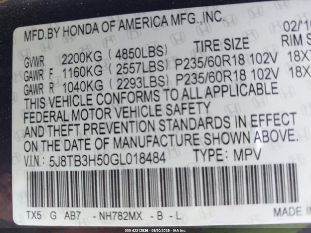 5J8TB3H50GL018484 Acura Rdx Technology   Acurawatch Plus Packages/technology Package
