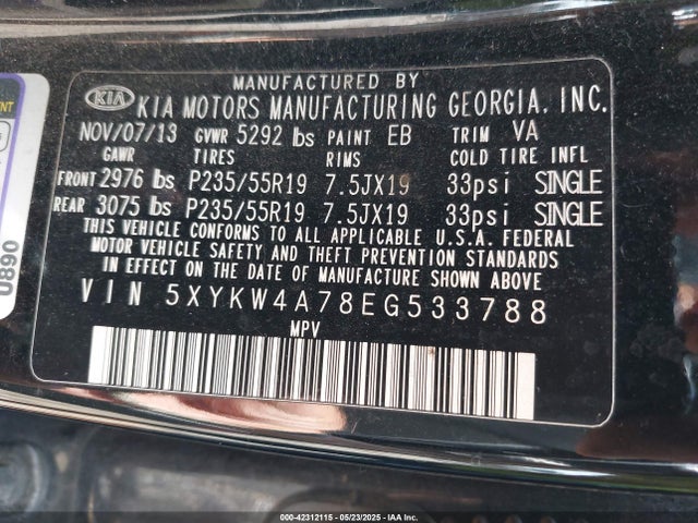 5XYKW4A78EG533788 KIA gasoline 3.3 v6 gdi lambda ii
