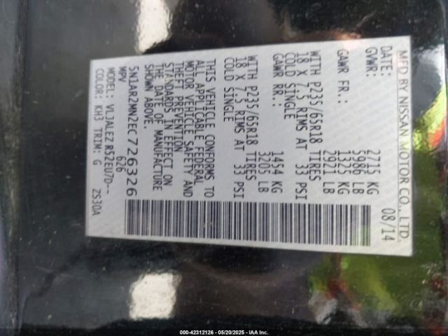 5N1AR2MN2EC726326 Nissan Pathfinder Sv