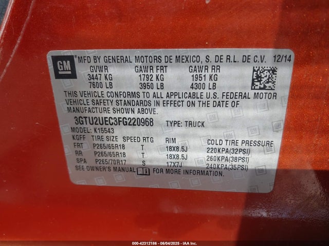 3GTU2UEC3FG220968 GMC l83 - vvt, active fuel management, aluminum