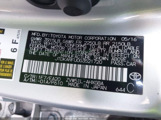 JTDKARFU0G3521720 Toyota Prius Four