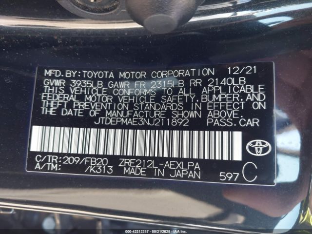 2022 TOYOTA COROLLA JTDEPMAE3NJ211892 Photo 8
