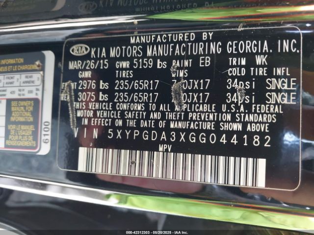 5XYPGDA3XGG044182 KIA Sorento 2.4l Lx