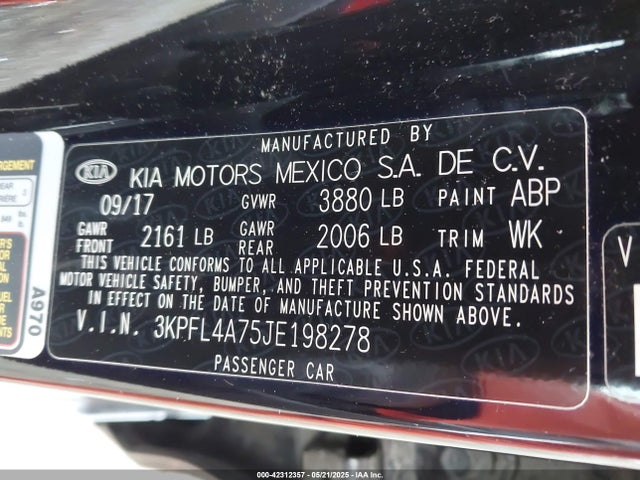 3KPFL4A75JE198278 KIA mpi nu