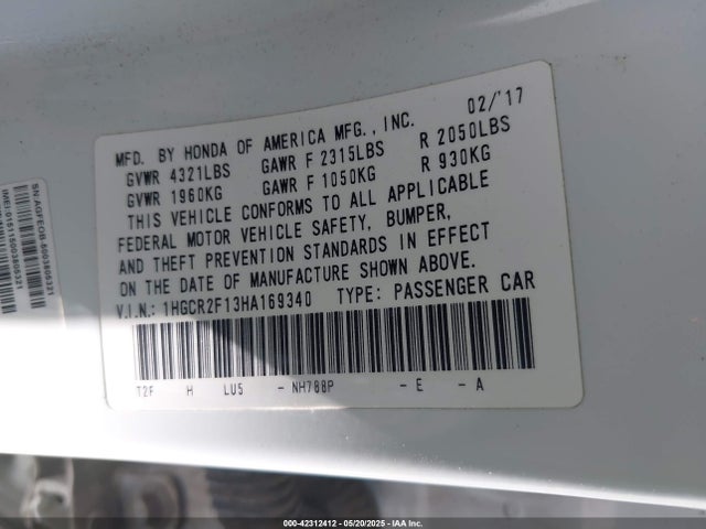 1HGCR2F13HA169340 Honda k24w1