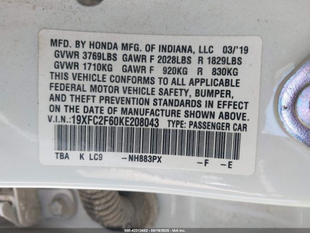19XFC2F60KE208043 Honda Civic Lx