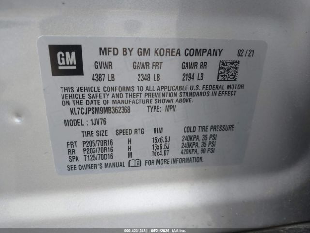 KL7CJPSM9MB362368 Chevrolet Trax Awd Lt