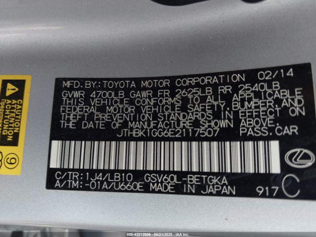 JTHBK1GG6E2117507 Lexus ES 350