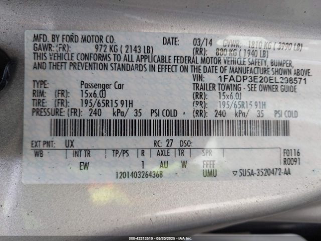 1FADP3E20EL298571 Ford FOCUS S