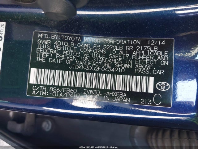 JTDKN3DU2F0434910 Toyota 2zr-fxe+3jm