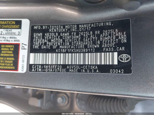 4T1BF1FK5HU389112 Toyota 2ar-fe