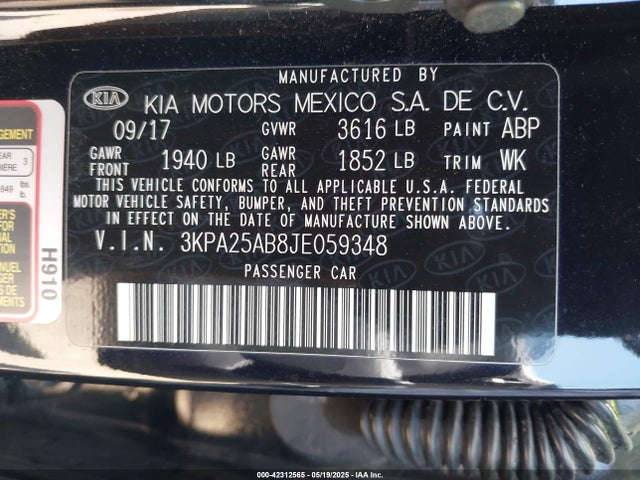 3KPA25AB8JE059348 KIA RIO S