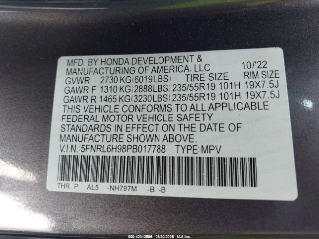 5FNRL6H98PB017788 Honda Odyssey Elite