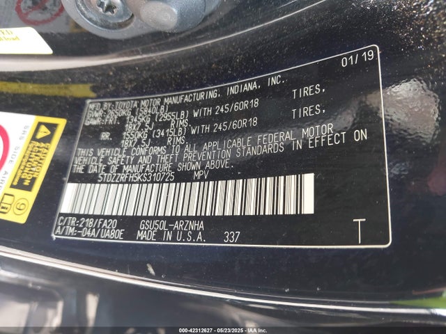5TDZZRFH5KS310725 Toyota 2gr-fks