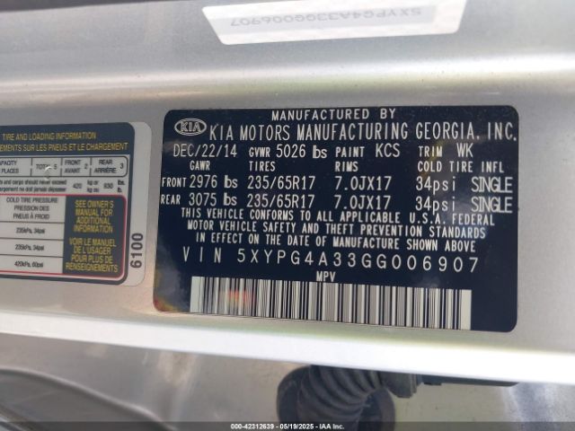 5XYPG4A33GG006907 KIA Sorento 2.4l L