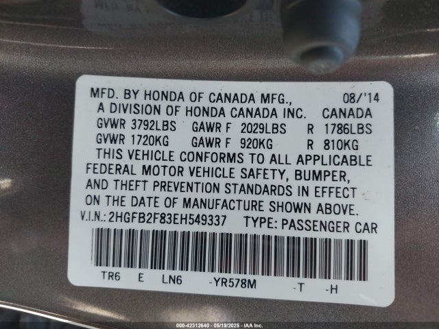 Honda CIVIC EX 2014 2HGFB2F83EH549337 Image 9