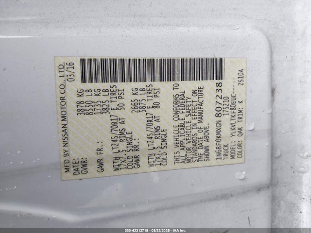 1N6BF0KMXGN807238 Nissan Nv Cargo Nv1500 S V6/sv V6