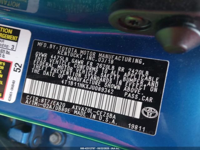 4T1B11HKXJU089342 Toyota CAMRY SE