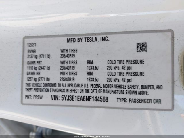 5YJ3E1EA6NF144568 Tesla Model 3 Rear-wheel Drive