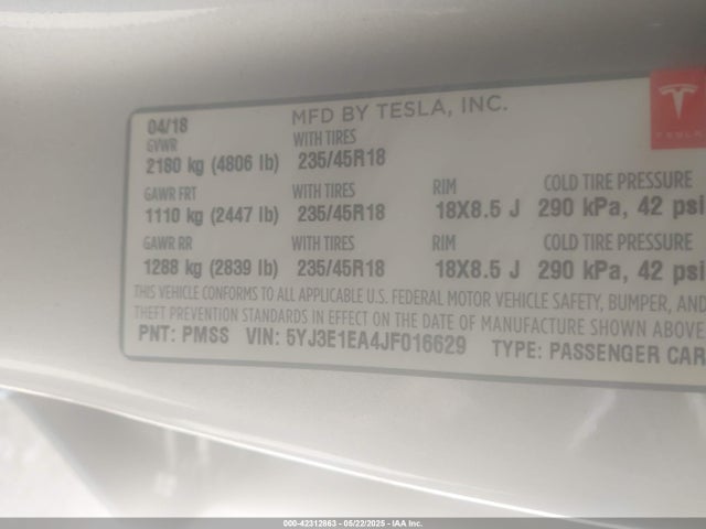 Tesla 2018 2018 5YJ3E1EA4JF016629 Image 9
