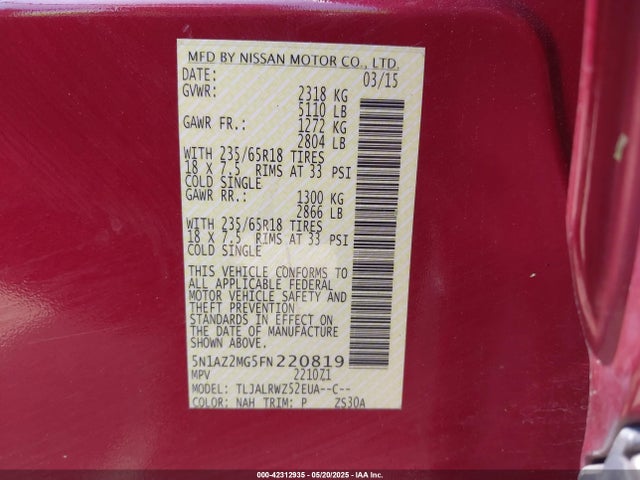 5N1AZ2MG5FN220819 Nissan MURANO SL