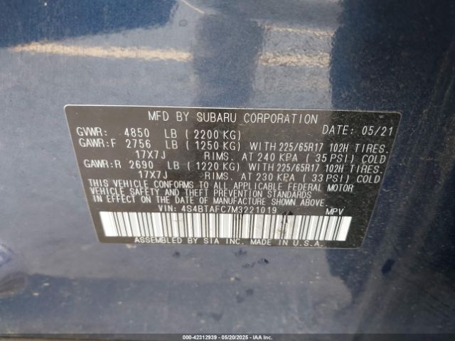 2021 SUBARU OUTBACK 4S4BTAFC7M3221019 Photo 8