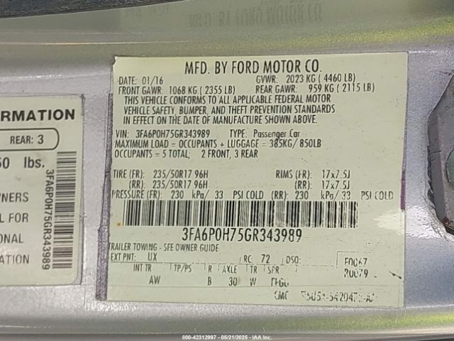 3FA6P0H75GR343989 Ford FUSION SE