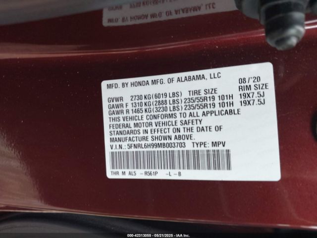 2021 HONDA ODYSSEY 5FNRL6H52MB003703 Photo 8