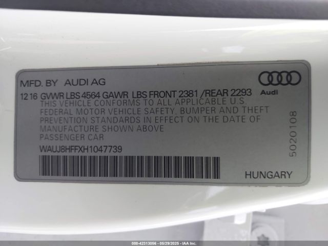WAUJ8HFFXH1047739 Audi A3 2.0t Premium