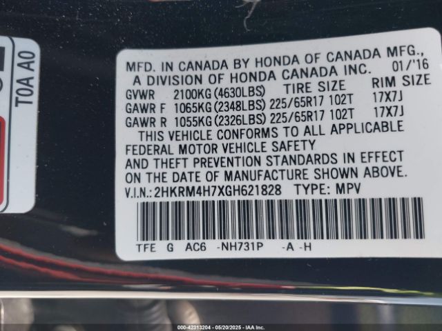 2HKRM4H7XGH621828 Honda Cr-v Ex-l