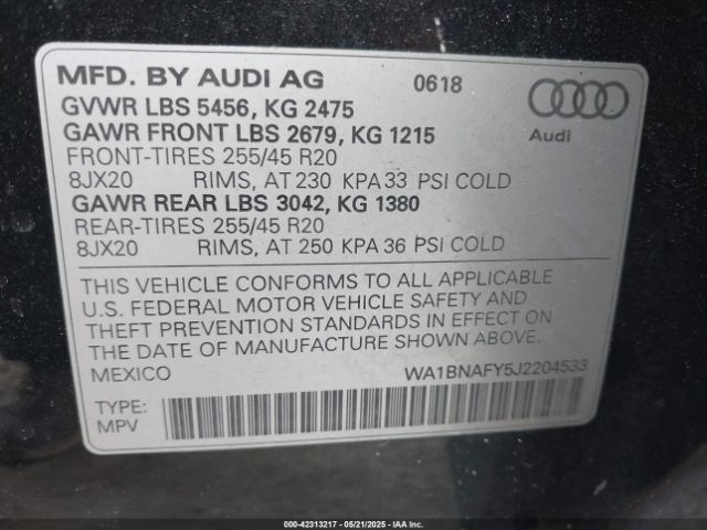 WA1BNAFY5J2204533 Audi Q5 2.0t Premium/2.0t Tech Premium