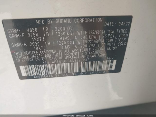 2022 SUBARU OUTBACK 4S4BTAPC8N3228237 Photo 8