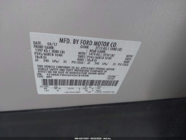 1FM5K7BH2HGC91658 Ford Explorer
