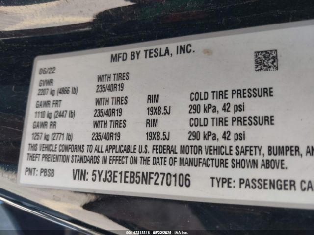 2022 TESLA MODEL 3 5YJ3E1EB5NF270106 Photo 8
