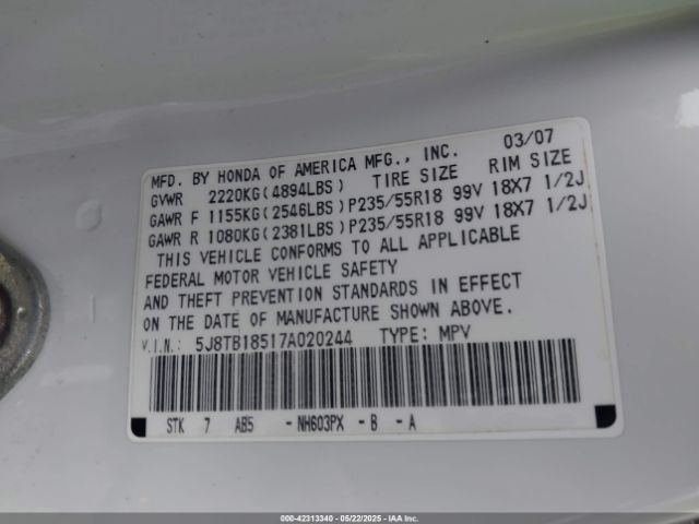 2007 ACURA RDX 5J8TB18517A020244 Photo 8