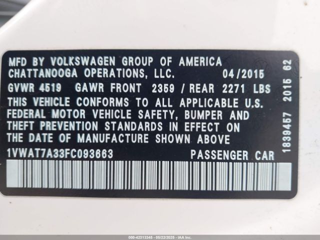 1VWAT7A33FC093663 Volkswagen Passat 1.8t Limited Edition