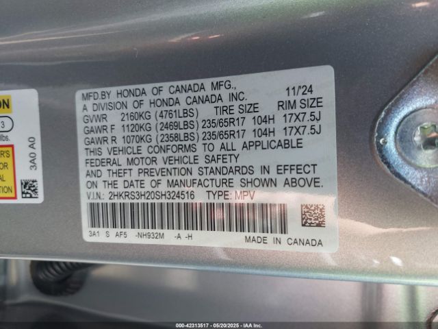 2HKRS3H20SH324516 Honda Cr-v Lx 2wd