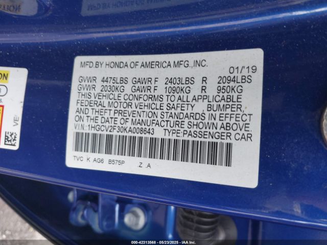 2019 HONDA ACCORD 1HGCV2F30KA008643 Photo 8