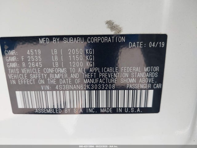 4S3BNAN62K3033208 Subaru Legacy 2.5i Limited