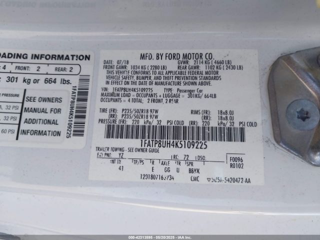 2019 FORD MUSTANG 1FATP8UH4K5109225 Photo 8