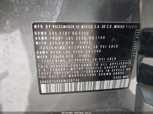 2022 VOLKSWAGEN TIGUAN 3VVCB7AX8NM039730 Photo 8